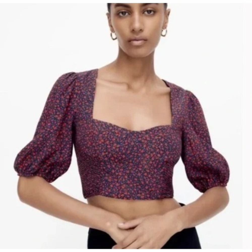 Zara Womens Floral Smocked Puff Sleeve‎ Crop Top Square Neck Black Red Medium
